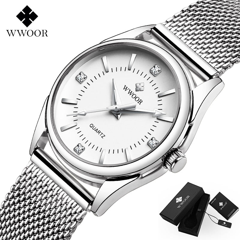 WWOOR Small Luxury Top Brand Ladies wrist watch / Silver Stainless Steel Diamonds, enter Discount Code S0BZVDKASTKZ Buy 1 get 1 FREE / FREE Shipping