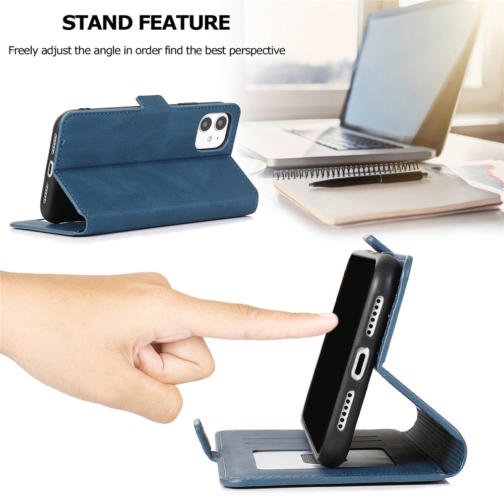 Leather Flip Wallet Case For iPhone 14 13 12 Mini 11 Pro XS MAX X XR 8 7 6s 6 Plus 5 5s SE 2020 2022 Card Stand Slot Phone Cover