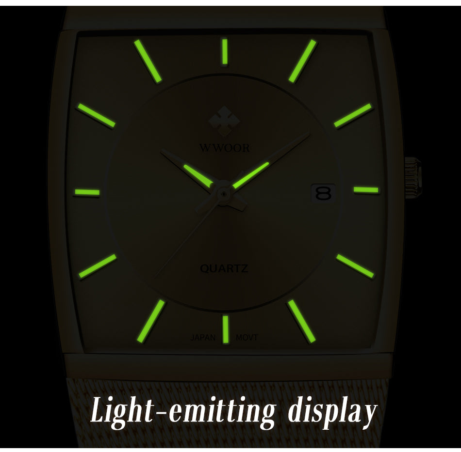 WWOOR Luxury Gold Watch Men Square Japan Quartz Slim Steel Mesh Waterproof / Sports Auto Date