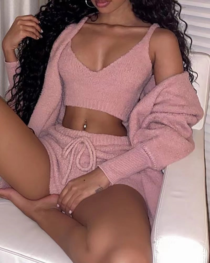 Ladies 3 Piece Fluffy Fleece  Outfit Jacket / Top / Shorts Sexy Backless Top / FREE Shipping