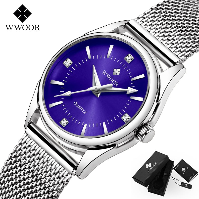 WWOOR Small Luxury Top Brand Ladies wrist watch / Silver Stainless Steel Diamonds, enter Discount Code S0BZVDKASTKZ Buy 1 get 1 FREE / FREE Shipping