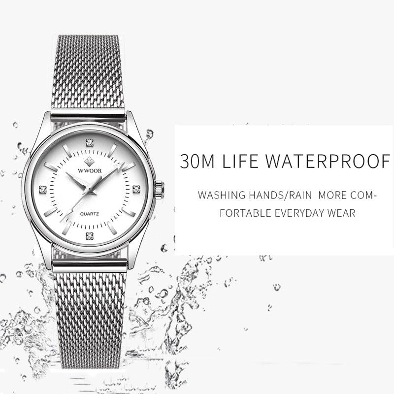 WWOOR Small Luxury Top Brand Ladies wrist watch / Silver Stainless Steel Diamonds, enter Discount Code S0BZVDKASTKZ Buy 1 get 1 FREE / FREE Shipping