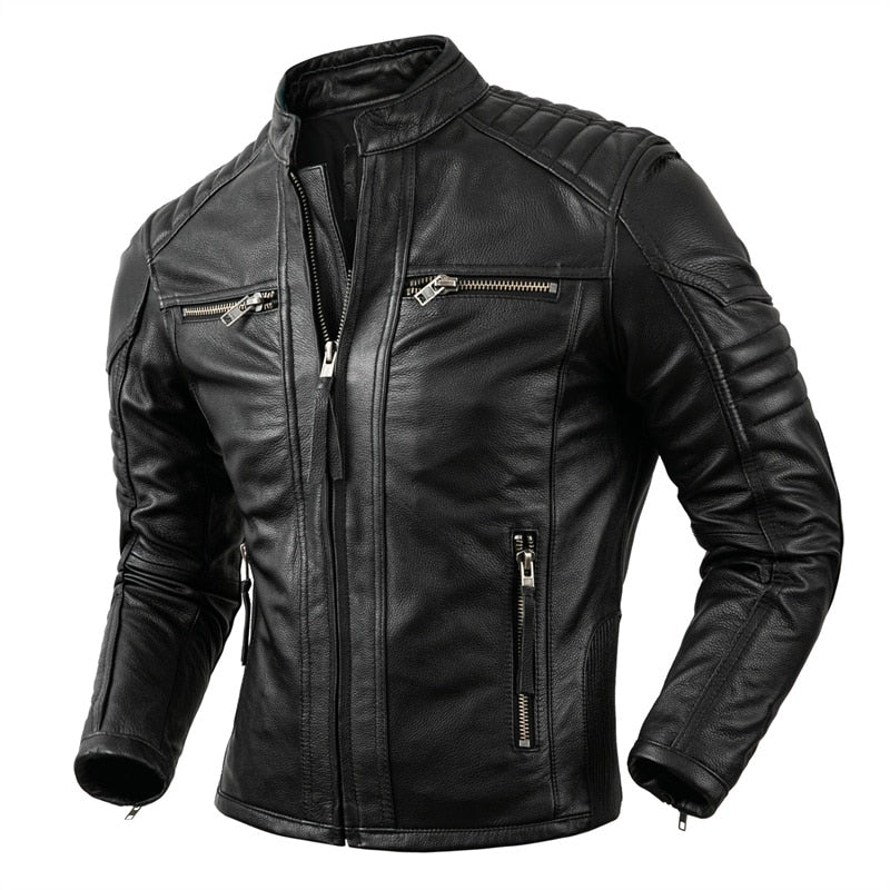 Men's Motorcycle Causal Vintage Leather Jacket comfortable  - Cowhide Leather  / FREE Shipping - tracking available