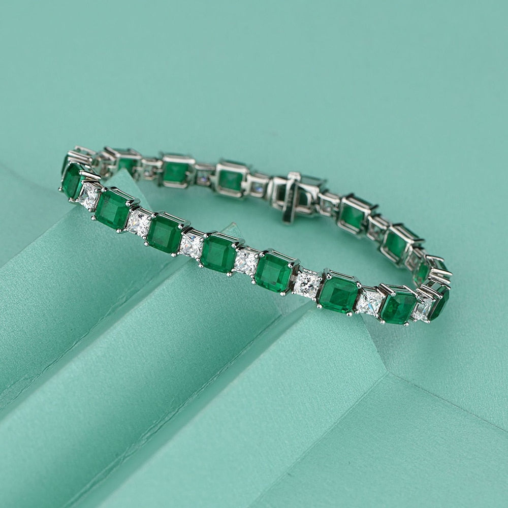 Beautiful 925 Sterling Silver Emerald Diamond tennis Bracelet for Women / Free Shipping