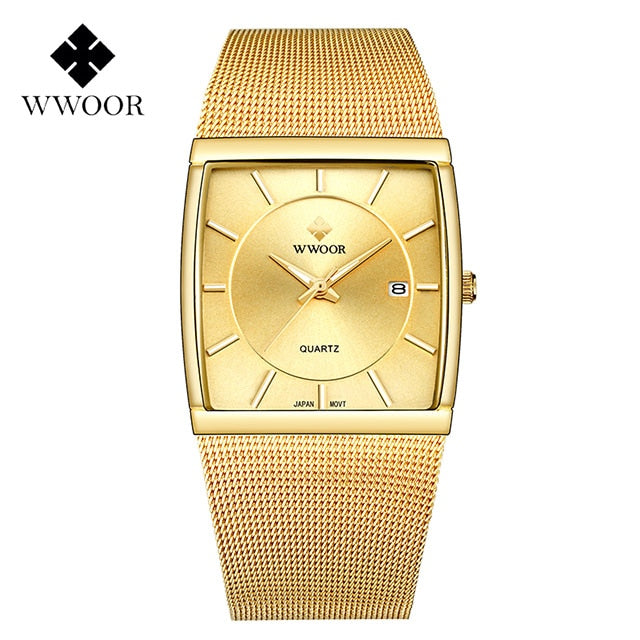 WWOOR Luxury Gold Watch Men Square Japan Quartz Slim Steel Mesh Waterproof / Sports Auto Date