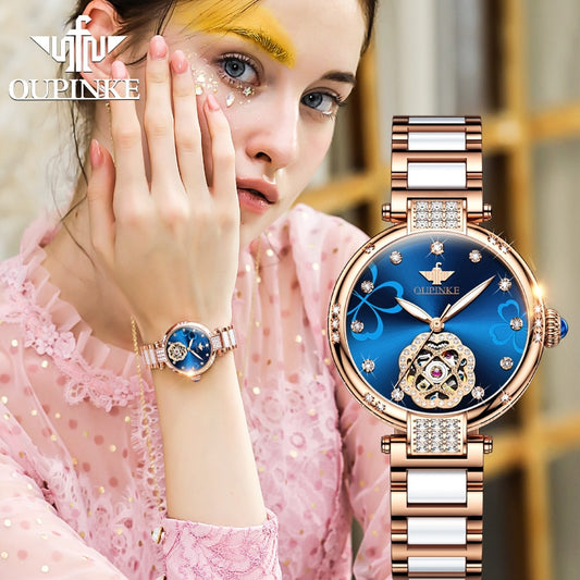 Swiss OUPINKE beautiful / elegant Watch for Women  Fashion Ceramic Strap Sapphire mirror Wrist Watch