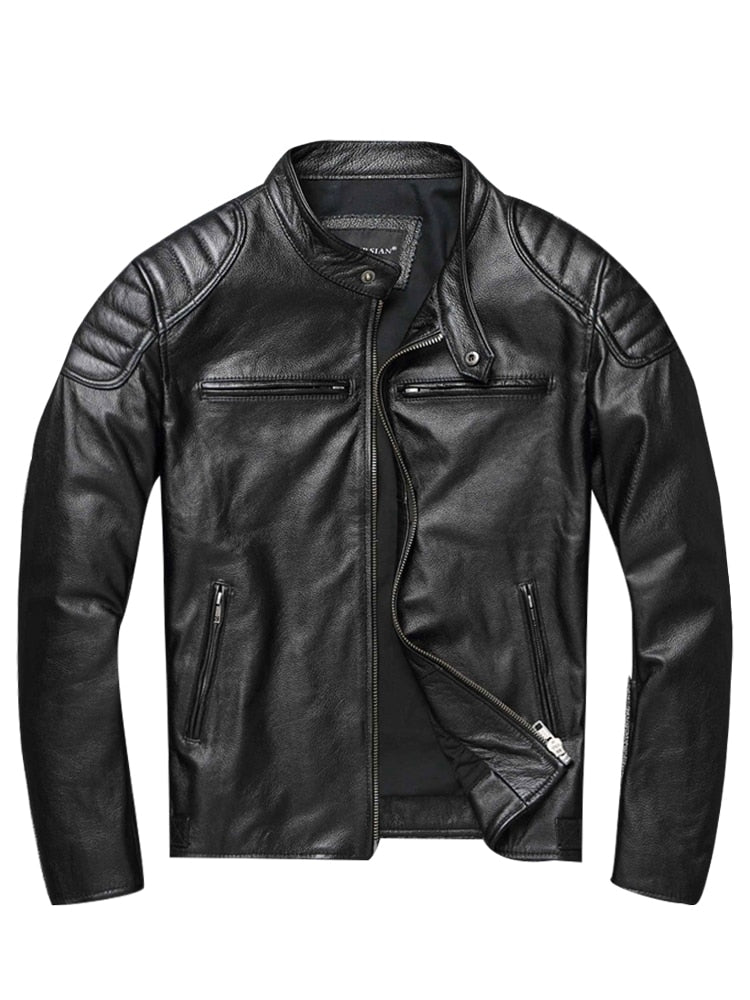 Men's Leather Motorcycle Jacket comfortable with lining , cowhide leather / FREE Shipping - tracking available