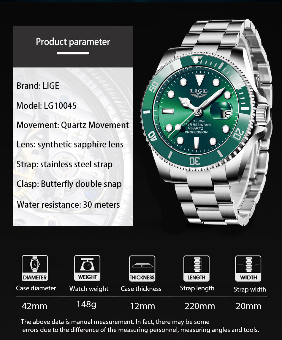 LIGE Top Brand Luxury Fashion Diver Watches for Men /  30ATM Waterproof / FREE Shipping