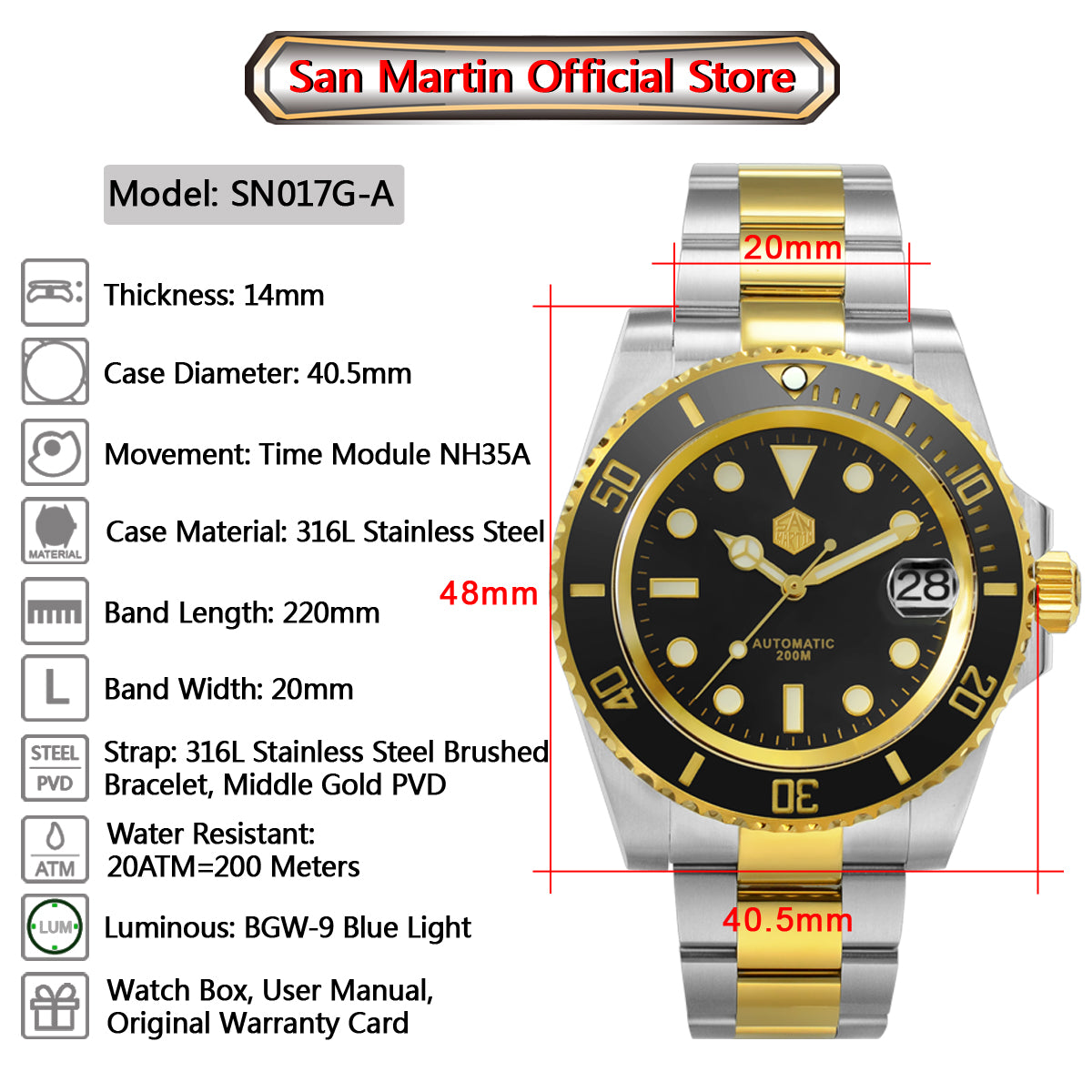 San Martin Diver Watch Water Ghost Sub Homage NH35 Luxury Sapphire Men Mechanical Watches 20Bar Waterproof BGW-9 Luminous