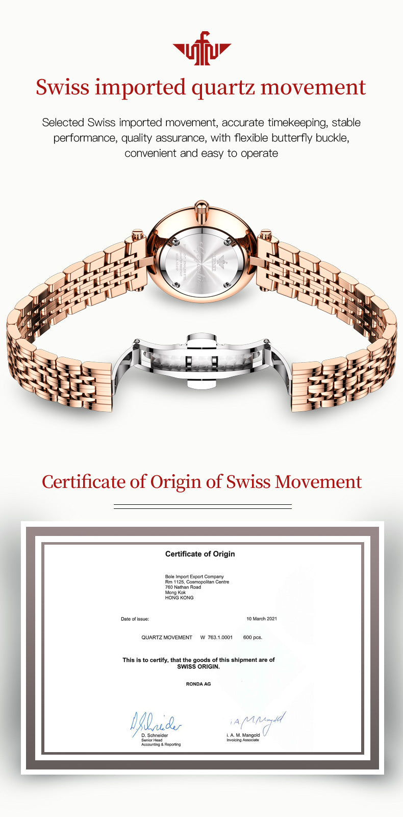 Swiss OUPINKE  beautiful/elegant Top Swiss Sapphire Mirror Alloy  Quartz Ladies Wrist watch