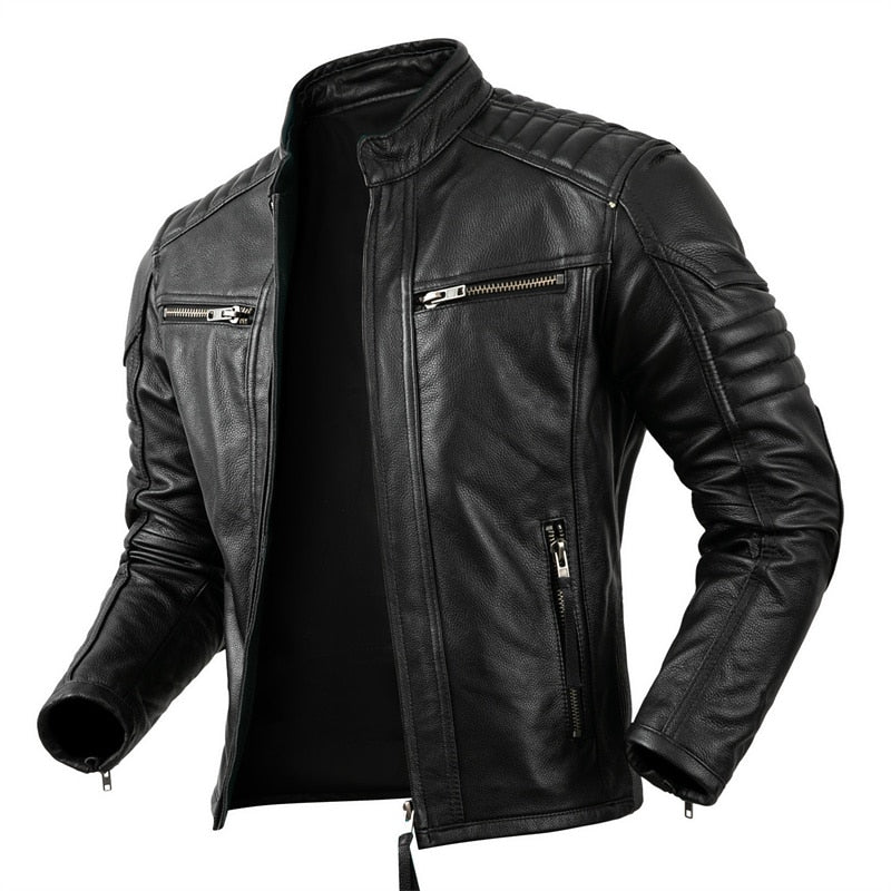 Men's Motorcycle Causal Vintage Leather Jacket comfortable  - Cowhide Leather  / FREE Shipping - tracking available