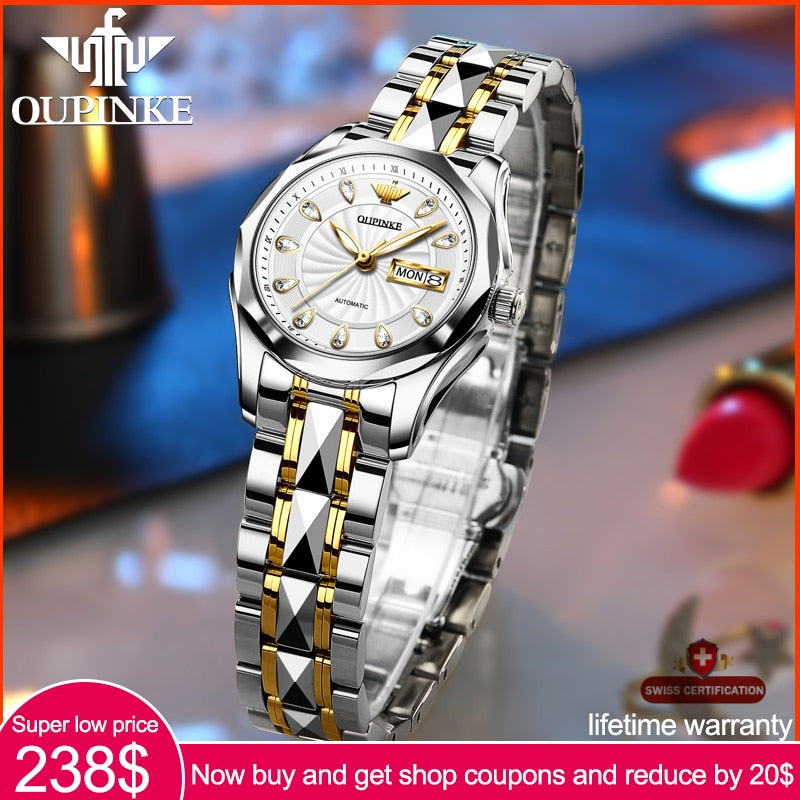 Swiss OUPINKE Top Brand beautiful/elegant Ladies Wristwatch  Waterproof Watches Sapphire Mirror Tungsten Steel Watchstrap