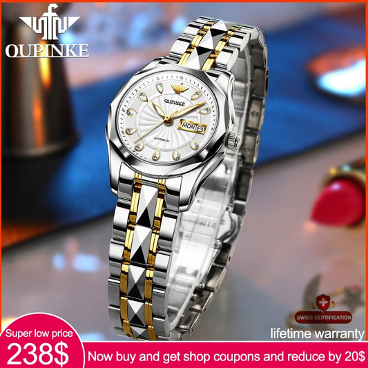 Swiss OUPINKE Top Brand beautiful/elegant Ladies Wristwatch  Waterproof Watches Sapphire Mirror Tungsten Steel Watchstrap