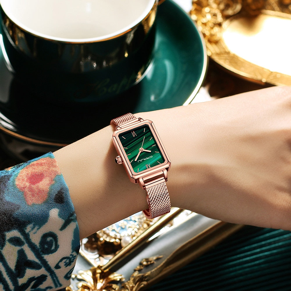 Ladies Green Square Watch Analog Quartz Stainless Steel Mesh Leather Band Casual Fashion Ladies Wrist Watches 3ATM Waterproof