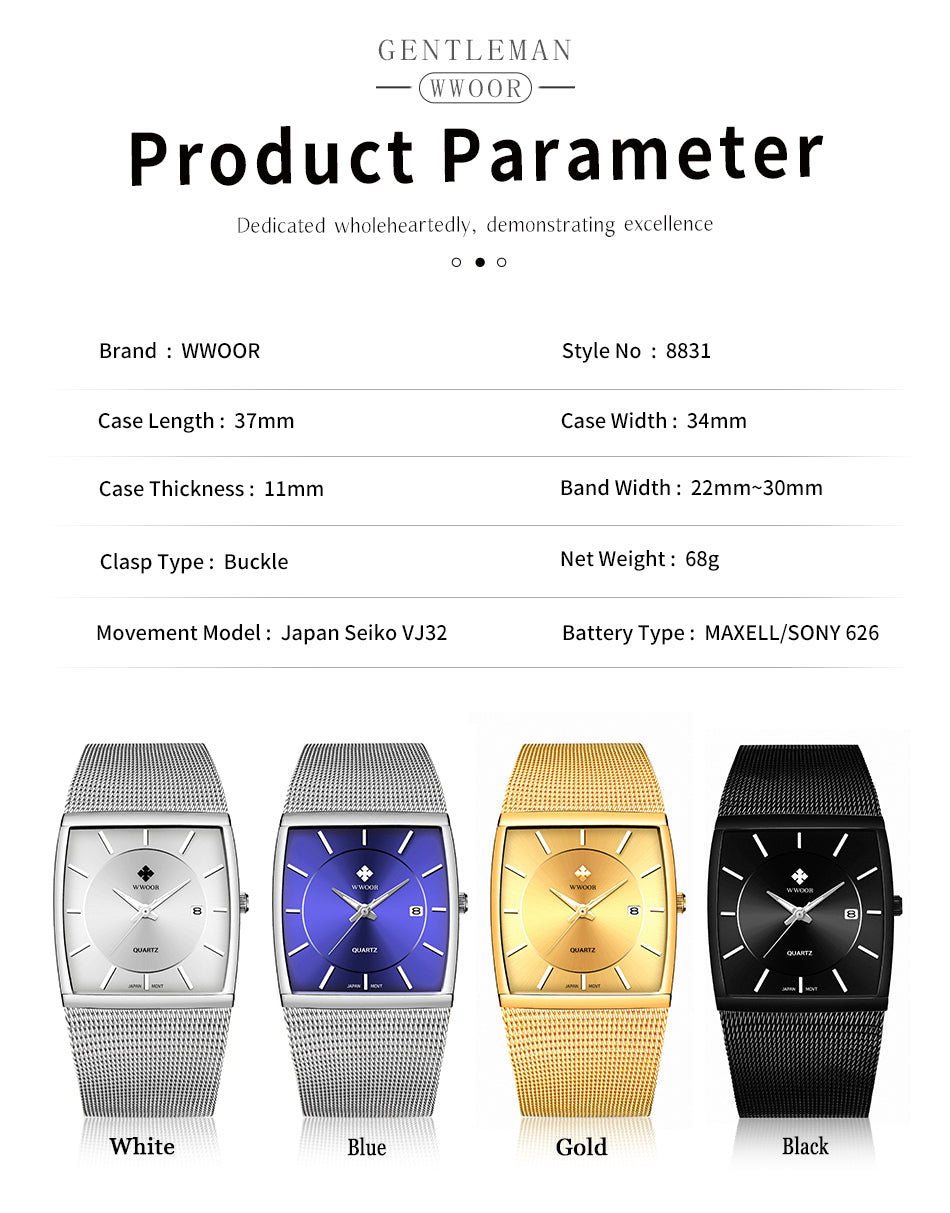 WWOOR Luxury Gold Watch Men Square Japan Quartz Slim Steel Mesh Waterproof / Sports Auto Date