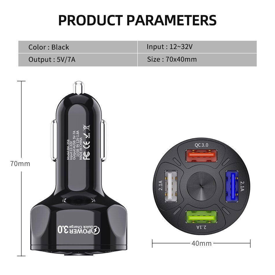 USLION 4Port USB Phone Car Charger Adapter LED Display Fast Charge-Free Shipping