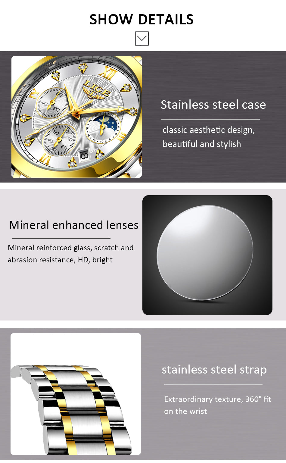 LIGE beautiful elegant  Ladies Watch / Waterproof/  Rose Gold Steel Strap / Top Brand Bracelet