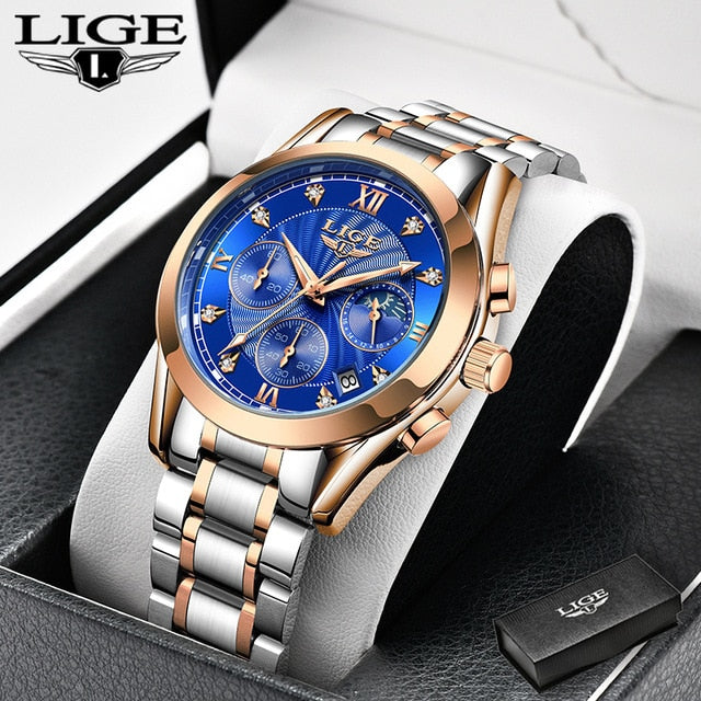 LIGE beautiful elegant  Ladies Watch / Waterproof/  Rose Gold Steel Strap / Top Brand Bracelet