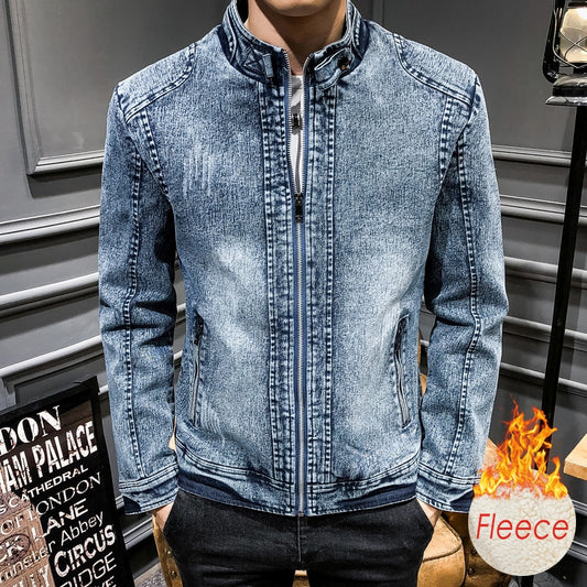 Men's 100% Cotton Fleece Denim Jeans Jacket comfortable and warm / FREE Shipping