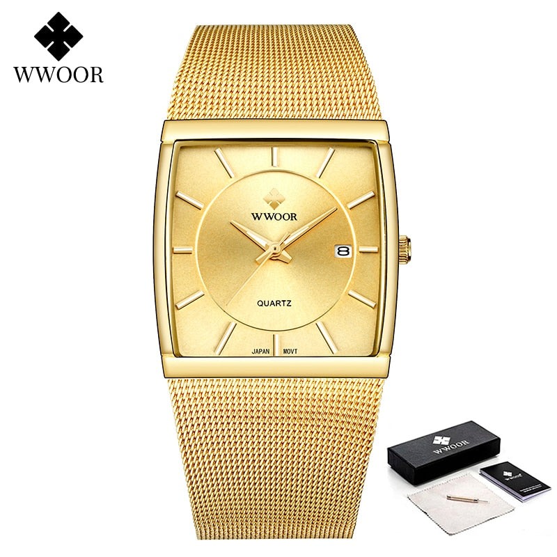 WWOOR Luxury Gold Watch Men Square Japan Quartz Slim Steel Mesh Waterproof / Sports Auto Date