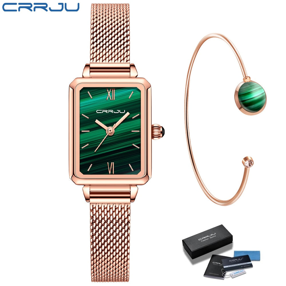Ladies Green Square Watch Analog Quartz Stainless Steel Mesh Leather Band Casual Fashion Ladies Wrist Watches 3ATM Waterproof