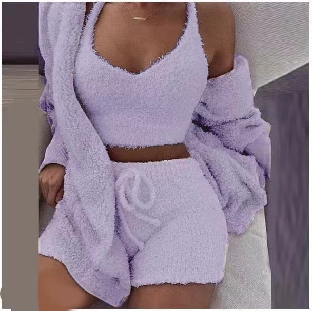 Ladies 3 Piece Fluffy Fleece  Outfit Jacket / Top / Shorts Sexy Backless Top / FREE Shipping