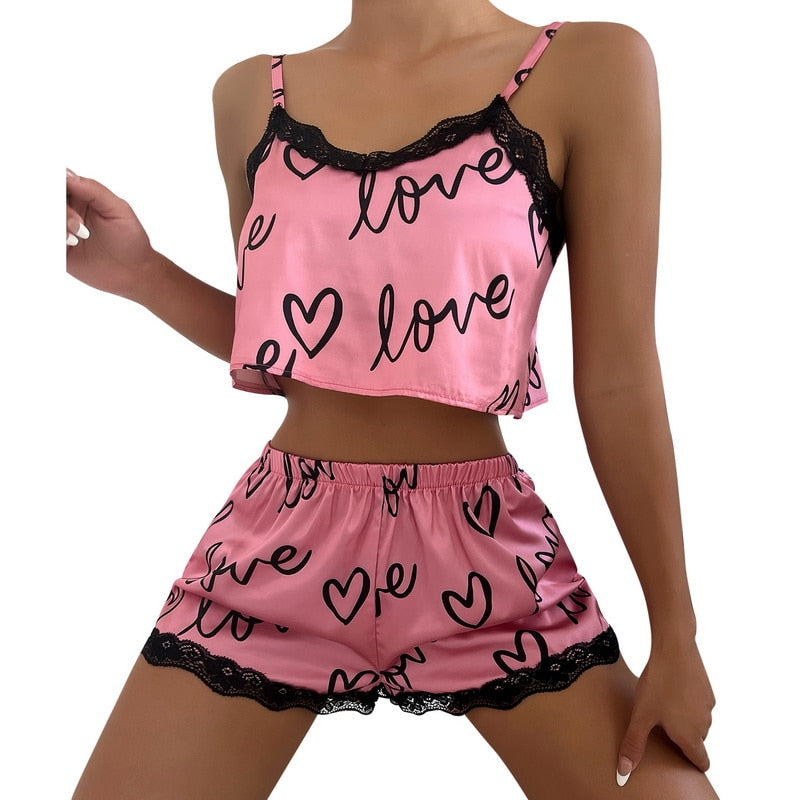 Ladies Satin Pajama Set Silky Lace Casual Two Piece Outfit  / FREE Shipping