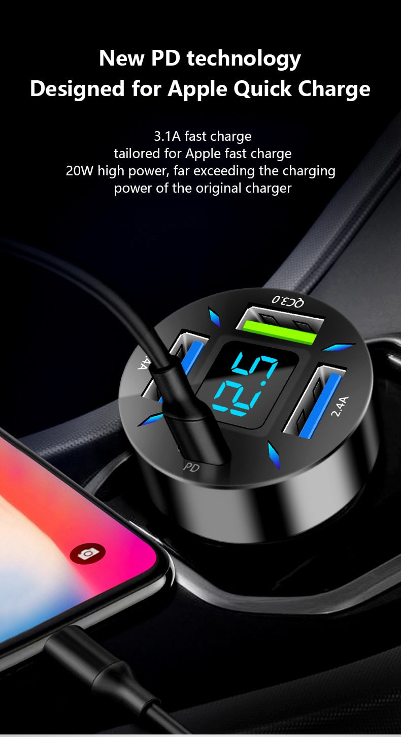 66W 4 Ports USB C Car Charger adapter Fast Charge 3.0 LED display/ Buy 15 GET 2  FREE / Enter Code YCNGM0EXYQPP /-Free Shipping