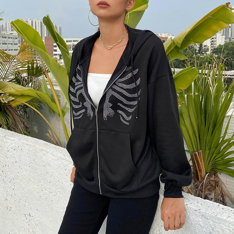 Ladies Rhinestone Gothic  Zip Up Hoodie /  Oversized streetwear / FREE Shipping