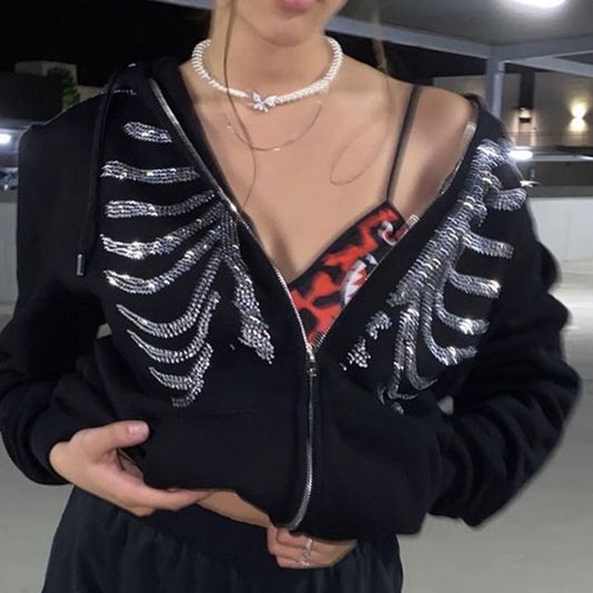 Ladies Rhinestone Gothic  Zip Up Hoodie /  Oversized streetwear / FREE Shipping