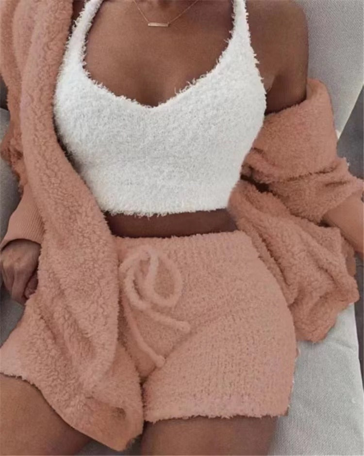 Ladies 3 Piece Fluffy Fleece  Outfit Jacket / Top / Shorts Sexy Backless Top / FREE Shipping