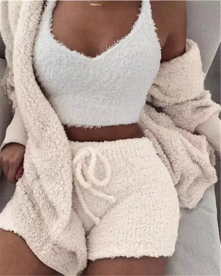 Ladies 3 Piece Fluffy Fleece  Outfit Jacket / Top / Shorts Sexy Backless Top / FREE Shipping