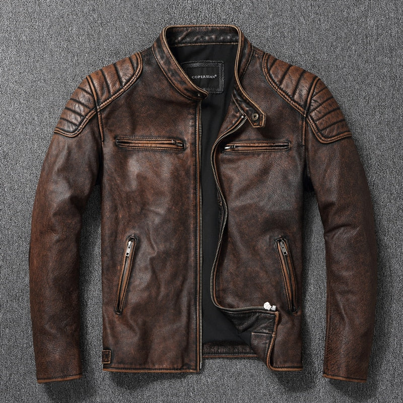 Men's Leather Motorcycle Jacket comfortable with lining , cowhide leather / FREE Shipping - tracking available