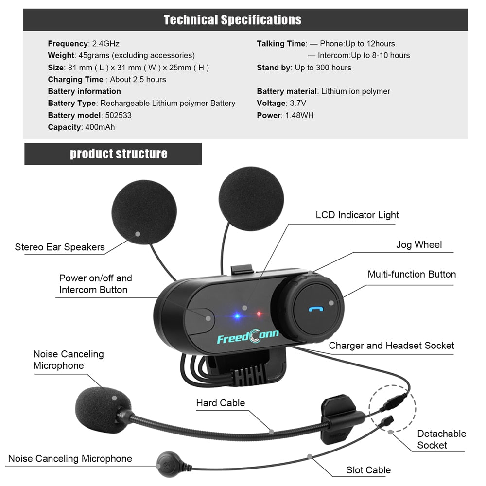 FreedConn Bluetooth Motorcycle Intercom Helmet Headset Headphone FM Music/ FREE Shipping