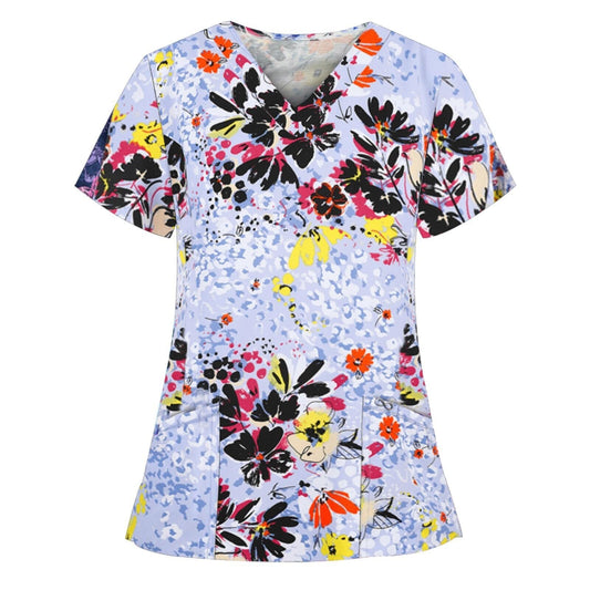 Women Short Sleeve Scrub  V Neck Flower Prints Top Medical uniform  / enter Discount Code FFMGF5WM6S41  BUY  4 get 1 FREE / FREE Shipping - tracking available
