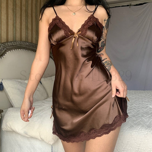 Ladies sexy satin  Nightgown with lace / flower print  / FREE Shipping