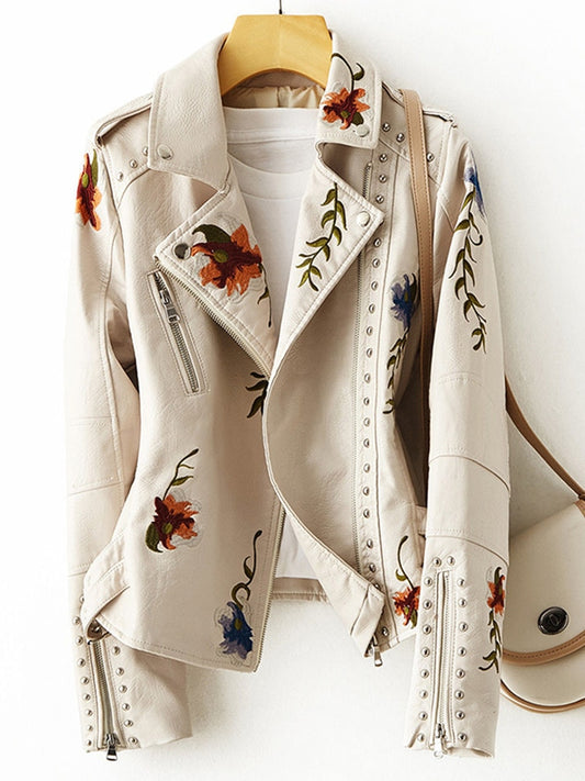 Ladies FTLZZ Retro Floral Print Embroidery  Soft Leather Jacket  /  FREE Shipping - tracking available
