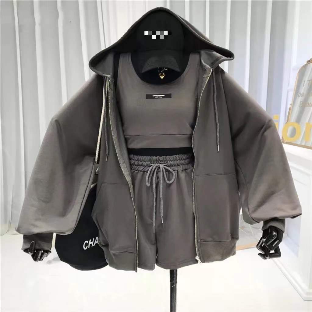 3 Piece Sets  Top /  Drawstring Shorts / Zipper hoodie  Sportswear / FREE shipping