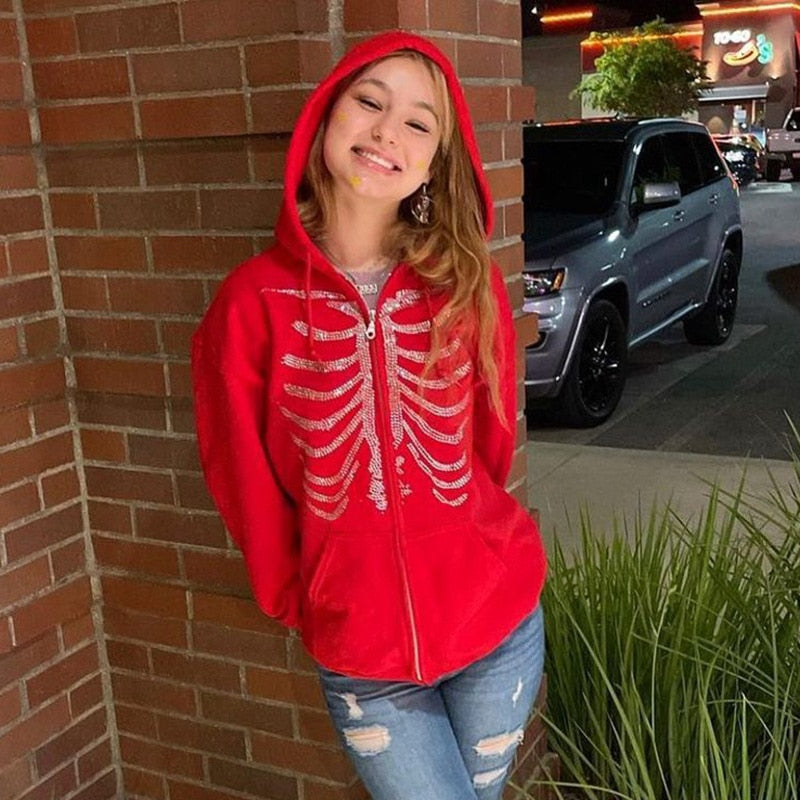 Ladies Rhinestone Gothic  Zip Up Hoodie /  Oversized streetwear / FREE Shipping