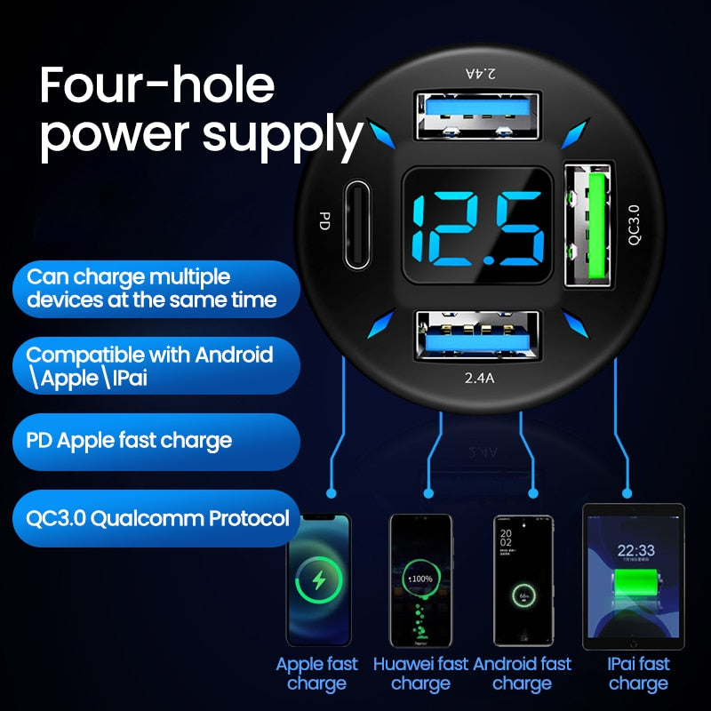 66W 4 Ports USB C Car Charger adapter Fast Charge 3.0 LED display/ Buy 15 GET 2  FREE / Enter Code YCNGM0EXYQPP /-Free Shipping