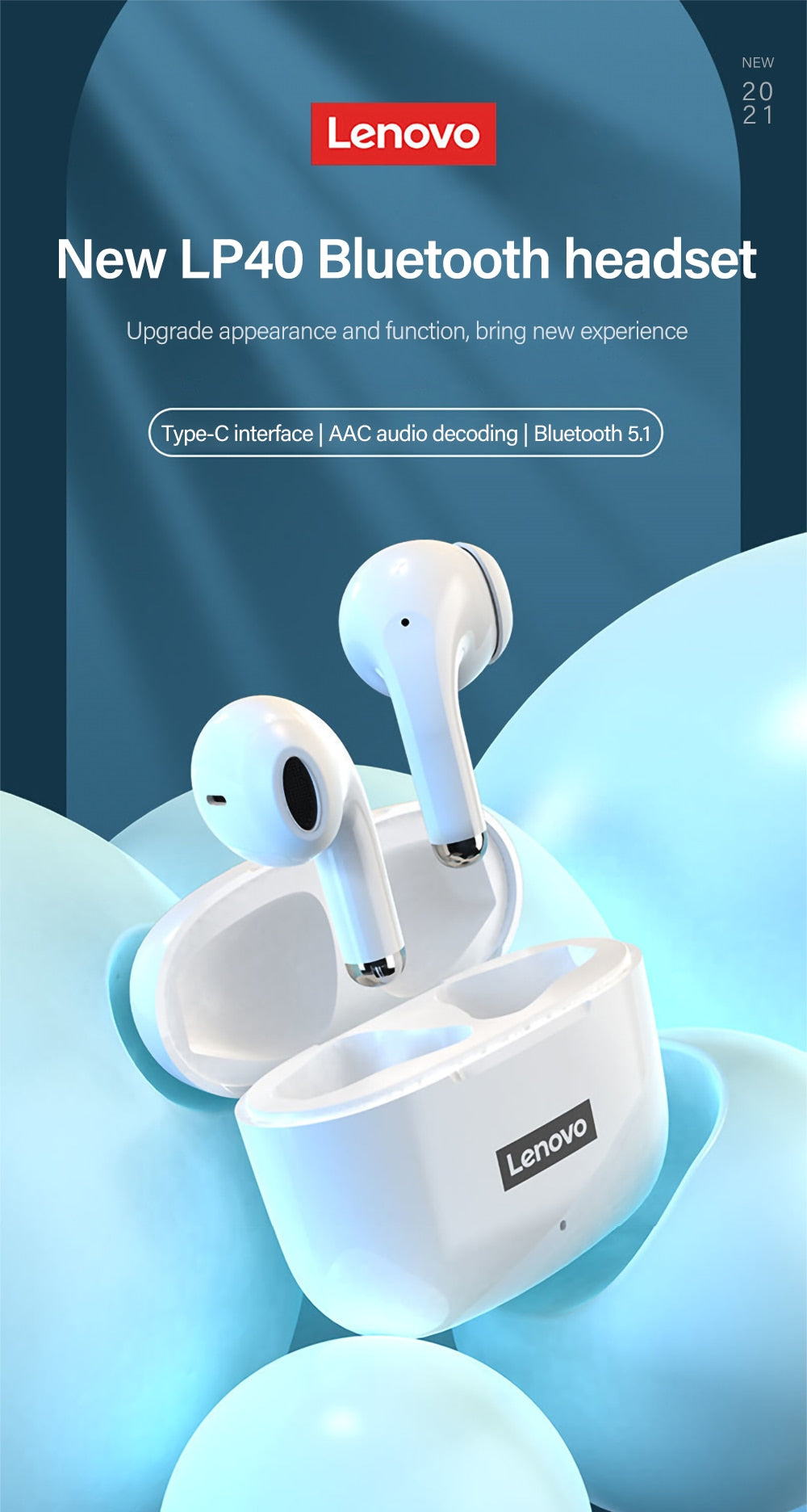 Lenovo LP40 Pro Bluetooth 5.1 Wireless Head/earphones , Microphone,  Music TWS Headset / Buy 3 get 1 FREE / Enter Code ER57K3SYQ7EV / FREE Shipping