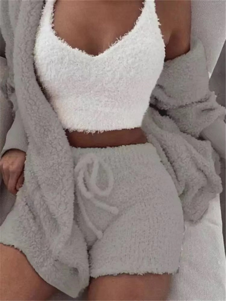 Ladies 3 Piece Fluffy Fleece  Outfit Jacket / Top / Shorts Sexy Backless Top / FREE Shipping