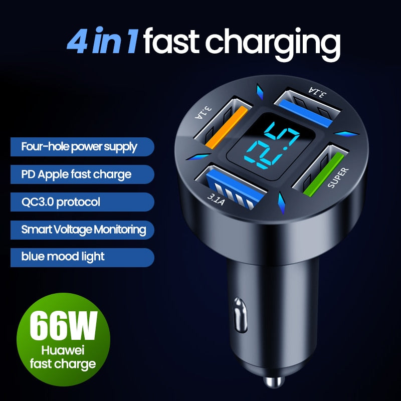 66W 4 Ports USB C Car Charger adapter Fast Charge 3.0 LED display/ Buy 15 GET 2  FREE / Enter Code YCNGM0EXYQPP /-Free Shipping