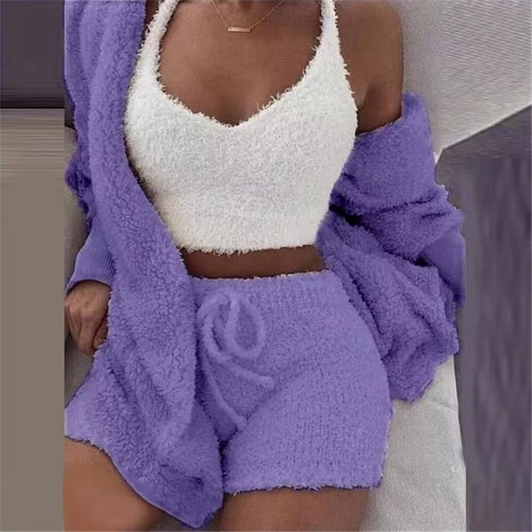 Ladies 3 Piece Fluffy Fleece  Outfit Jacket / Top / Shorts Sexy Backless Top / FREE Shipping