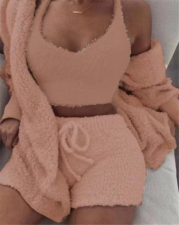 Ladies 3 Piece Fluffy Fleece  Outfit Jacket / Top / Shorts Sexy Backless Top / FREE Shipping