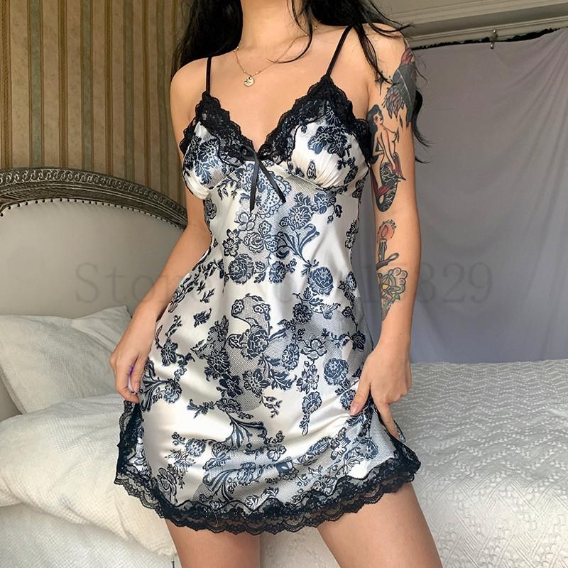 Ladies sexy satin  Nightgown with lace / flower print  / FREE Shipping