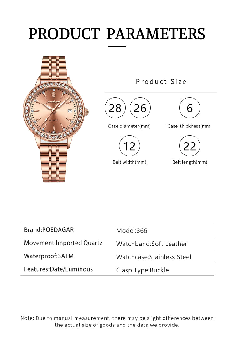 POEDAGAR Ladies Watch with sparkling Diamonds / Luminous / Date / Quartz  / FREE Shipping