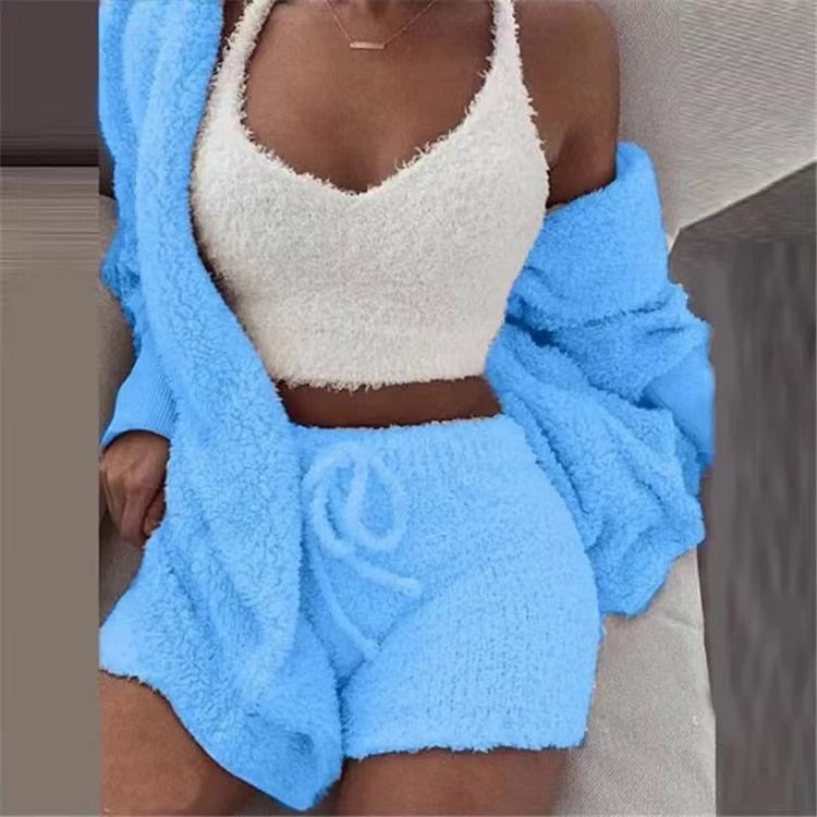 Ladies 3 Piece Fluffy Fleece  Outfit Jacket / Top / Shorts Sexy Backless Top / FREE Shipping