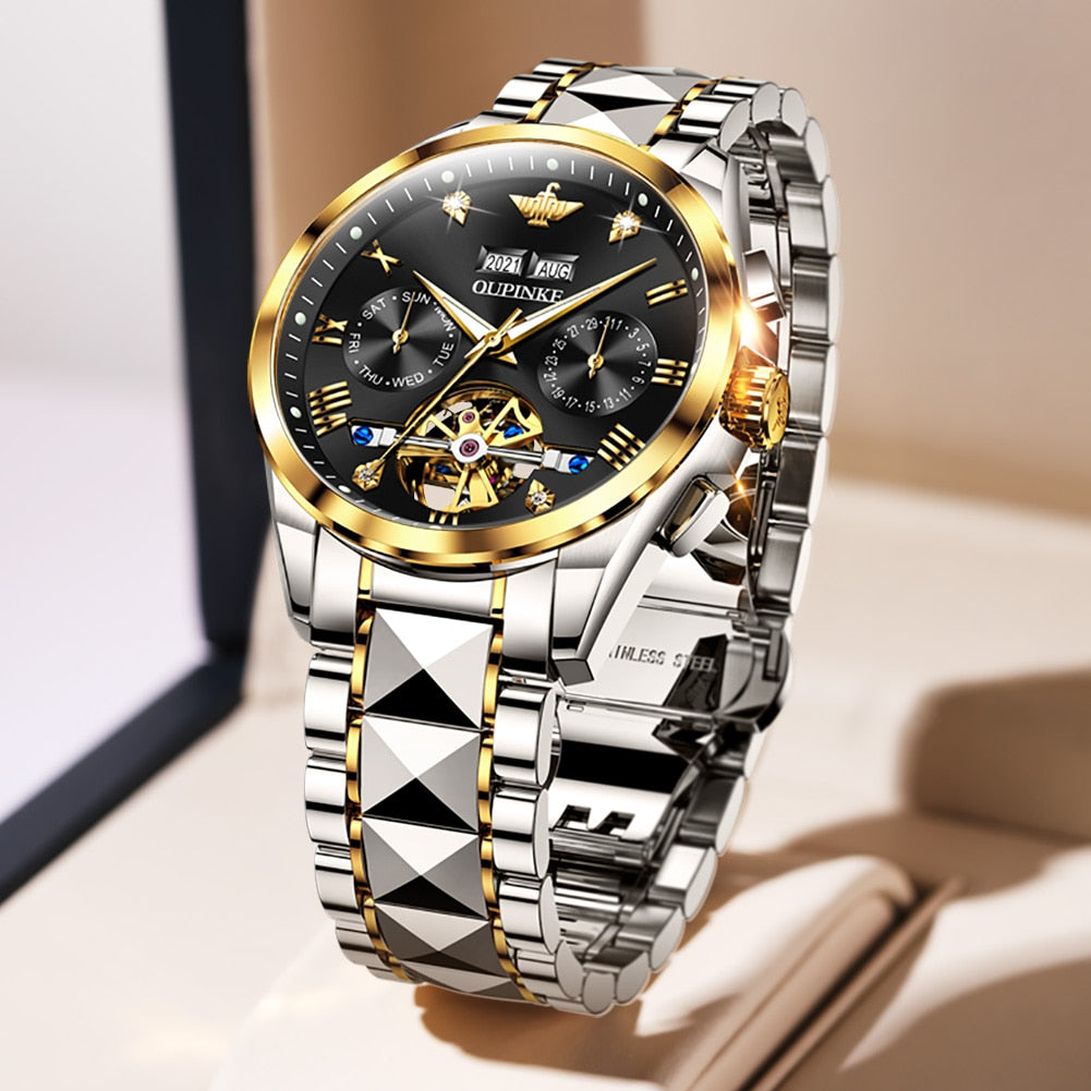Swiss OUPINKE Top Brand  Luxury  business Men's Wrist  Watch  Stainless Steel Waterproof