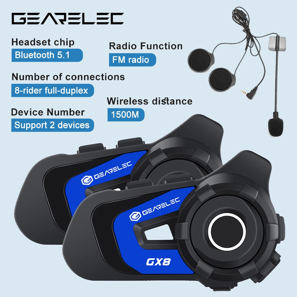 GEARELEC GX8 Bluetooth Motorcycle Intercom Helmet Headset 8 Rider Speaker Headphone/Music Sharing Interphone / FREE Shipping